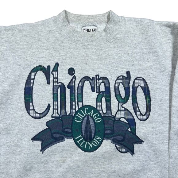 Vintage 1980s Chicago Plaid Spell Out Crewneck Sweatshirt - Picture 2 of 4